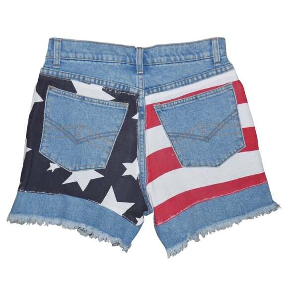 Vintage USA American Flag Denim Jean Shorts Fringe Rare Size 30 Hot Pants - Picture 3 of 9